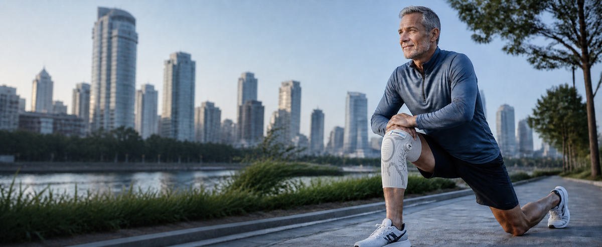 Man walking outdoors wearing a NovaPro knee sleeve